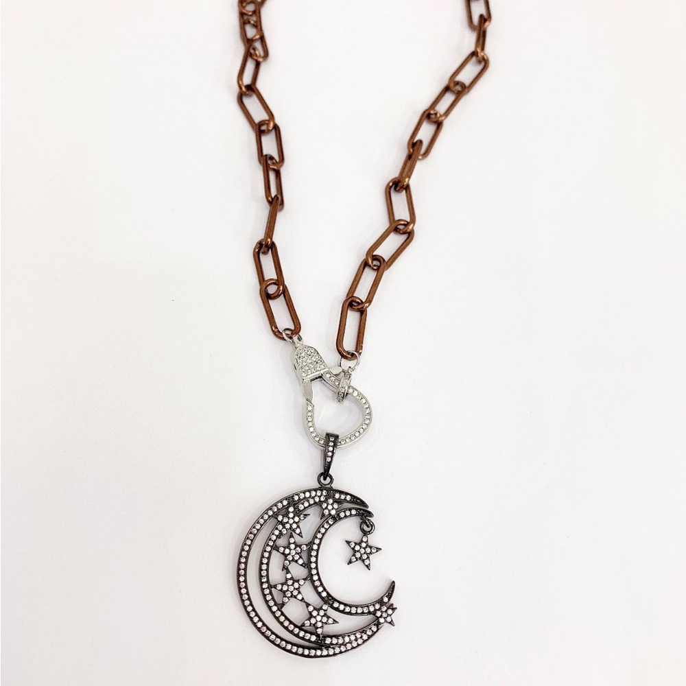 Metallic Chocolate Enamel Moon and Stars Necklace